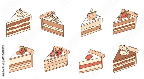 A delightful collection of hand-drawn cake and pie slices, showcasing various sweet treats with different toppings and layered fillings.