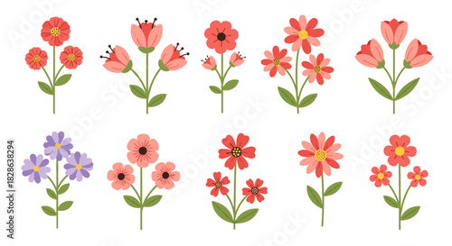 Diverse array of beautiful minimalist floral elements featuring multiple vibrant blossoms and green foliage on white background.