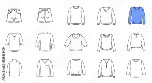 Outline illustrations showcasing a variety of casual apparel, including shorts, sweaters, and long-sleeve tops, for fashion design.