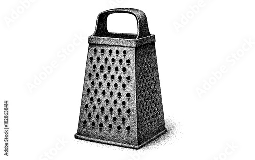 Vintage dotwork style cheese grater with handle on white background