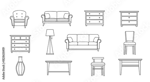 A detailed collection of outline drawings showcasing various pieces of modern and classic home furniture, including seating, storage, tables, and lighting elements.