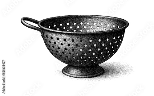 Vintage colander: detailed black and white engraving art for kitchen design inspiration