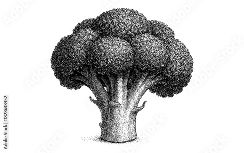 Detailed stipple art of broccoli in black and white