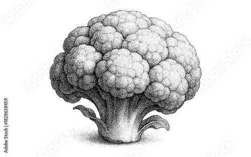 Vintage style broccoli stipple art with detailed shading and textured ink effect