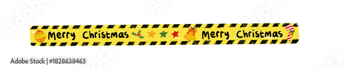 cute hand drawn yellow black stripes under construction police line border with happy merry christmas xmas word template kids doodle crayon watercolor illustration clipart sticker