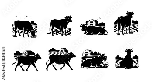 Collection of Black and White Silhouettes of Cows in Farm Fields