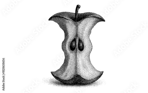 Stipple technique apple core art: textured black and white design