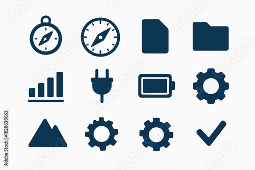 Compass checkmark minimalist folder gear battery needle circle vector icon explorer plug