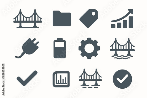 Icon checkmark tag cables river suspension battery bridge vector pylons folder span