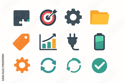 Gear puzzle circle checkmark solving folder problem battery chart tag vector minimalist