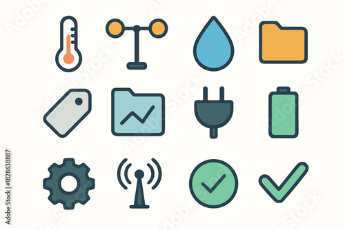 Vector checkmark gear raindrop plug thermometer icons weather station wind icon battery