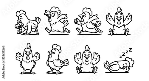 Collection of Cute Cartoon Chickens in Various Poses and Actions
