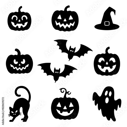 Halloween Black Silhouette Icon Set: Jack O'Lanterns, Bat, Cat, Witch Hat, and Ghost (Highly specific, covers all key elements)