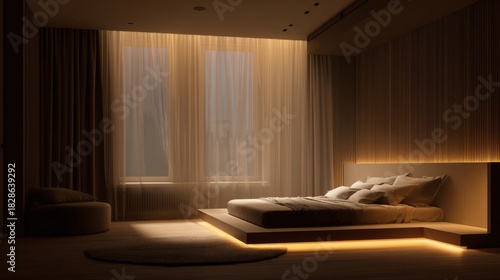 Modern bedroom interior design with warm lighting, minimalist furniture, cozy atmosphere, and elegant textiles for relaxation and comfort at home