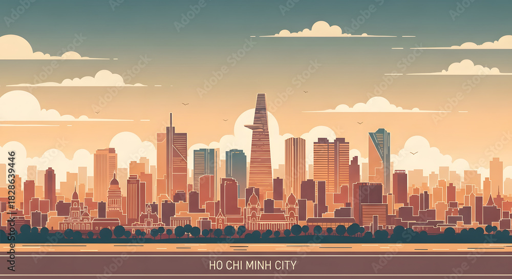 Obraz premium Ho Chi Minh City Skyline Illustration, Vietnam