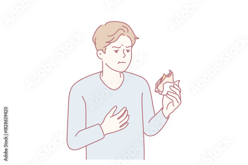 Unwell young man feel bad eating sandwich. Unhealthy guy have indigestion or food poisoning after snack. Stomachache problems. Vector illustration.