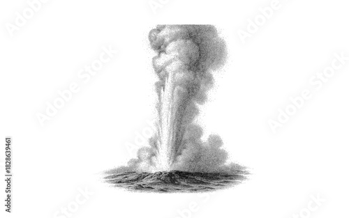 Engraved geyser eruption with detailed stipple technique and dynamic energy