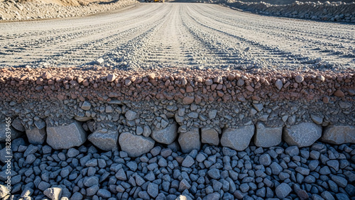 Close-up of access road base layers with compacted gravel and coarse rock structure, detailed layered structure for mining visualization, construction documentation and road design training materials.