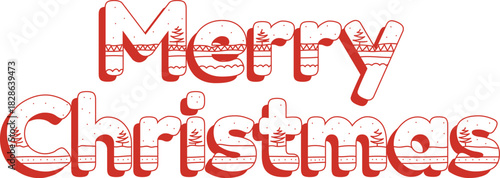 Festive red 'Merry Christmas' text with a cozy knitted pattern featuring small Christmas trees and horizontal lines, perfect for holiday greetings and designs.