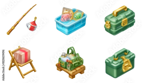 Fototapeta Naklejka Na Ścianę i Meble -  Soft 3D Illustrative Summer Fishing Gear Objects Isolated on Transparent Background