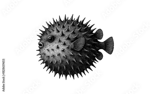 Detailed spiny pufferfish in classic black and white ink style