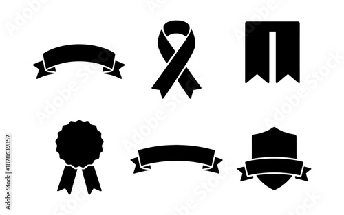 Set of black silhouettes: ribbons, badges, and shields for design elements