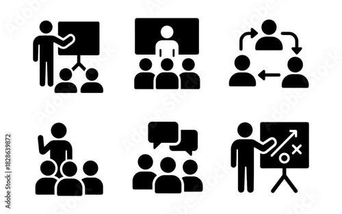 Business meeting and presentation icons set for teamwork and communication