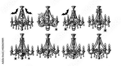 Collection of Vintage Halloween Chandeliers with Bats and Skulls