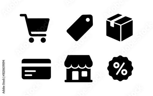 Shopping and e-commerce icons: cart, tag, package, card, store, discount