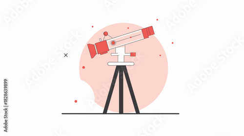 A red telescope, set on a tripod and inside of a large pink circle, looking upward