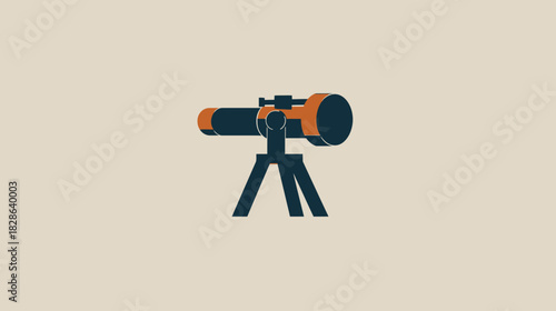 A vector illustration of a telescope, composed of geometric shapes. The background is a cream color