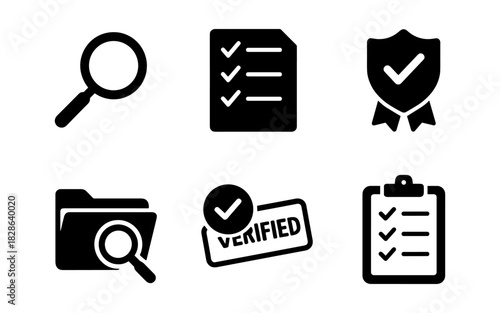 Silhouette icons of verification and organization with magnifying glass and checkmarks
