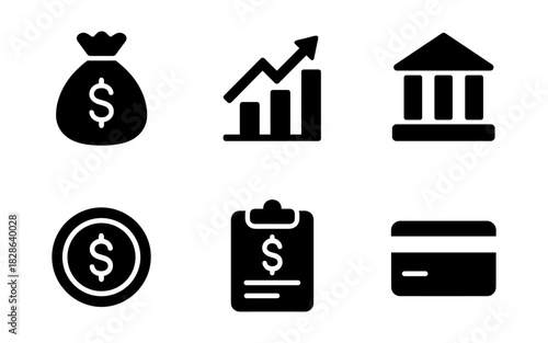 Financial icons set: money bag, graph, bank, coin, clipboard, credit card