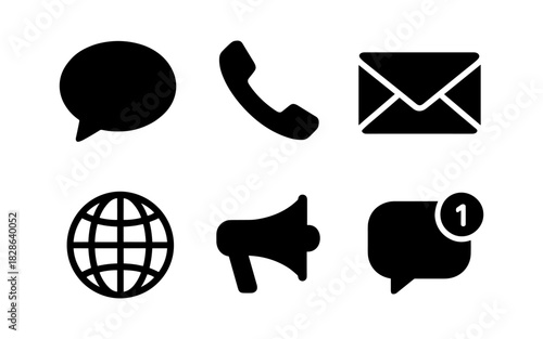 Essential communication icons: phone, email, chat, web, notification, megaphone
