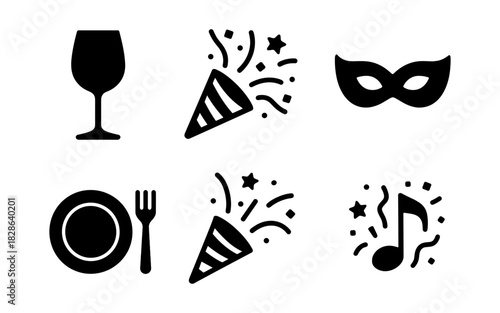 Celebration icons: party hat, mask, music note, wine glass, plate and fork in black silhouette style