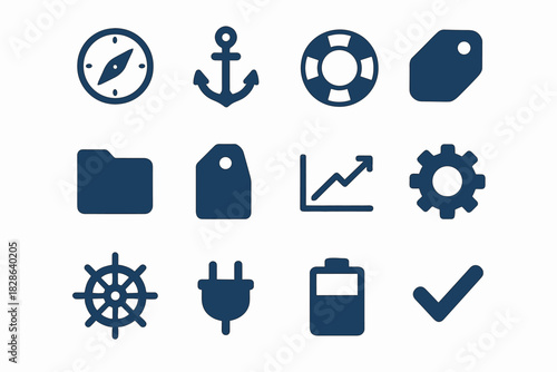 Folder nautical vector icon anchor tag checkmark plug battery chart set lifebuoy