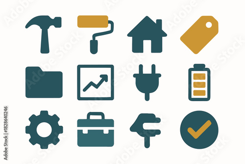 Vector renovation icons battery home folder paint hammer gear icon roller tag