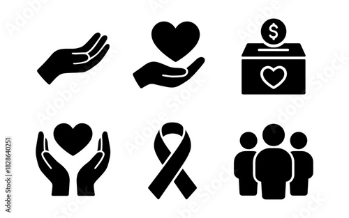 Charity and giving icons in minimalist black silhouette style