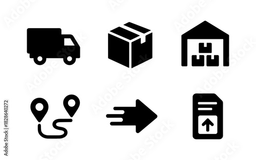 Logistics icon set featuring delivery truck, package, warehouse, and route symbols