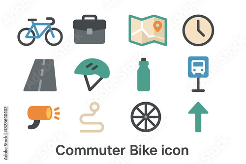 Icon bicycle commuter light bike briefcase wheel road map helmet clock vector