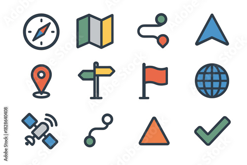 Checkmark set navigation globe pin icon arrow satellite signpost flag triangle vector
