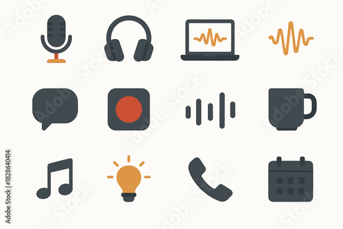 Podcast vector chat set record cup icon bubble headphones light sound calendar