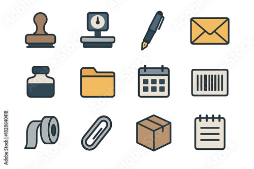 Tools bottle calendar tape post notepad barcode vector icon clip pen office