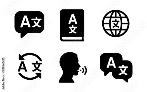 Language tools icons: speech, translation, global communication symbols