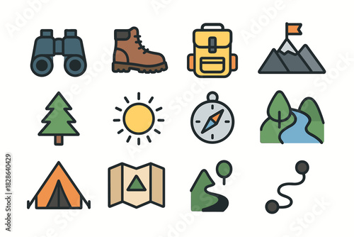 Binoculars boots adventure tent icon hiking river mountain flag backpack icons map
