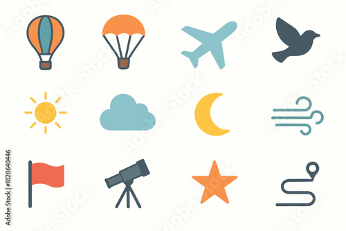 Telescope icons icon elements sky flag hot balloon moon wave vector air