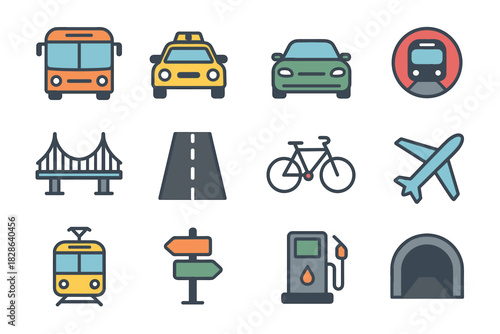 Road bridge bicycle transport taxi pump city vector bus sign icons car