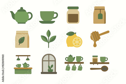 Plant icons window tea vector icon counter dipper spoon lemon shelf shop