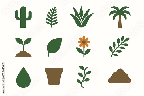 Botanical branch set fern icon flower pot leaf vine vector cactus palm