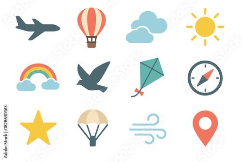 Travel pin symbol clouds rainbow airplane vector parachute sun icons map sky